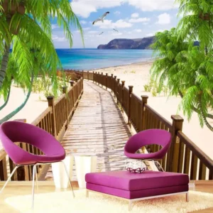 Tranh Dán Tường Khổ Lớn Hình Cầu Gỗ Nhìn Ra Bãi Biển