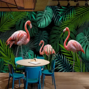 Tranh Dán Tường Hình Chim Hồng Hạc Giữa Những Tán Lá Nhiệt Đới